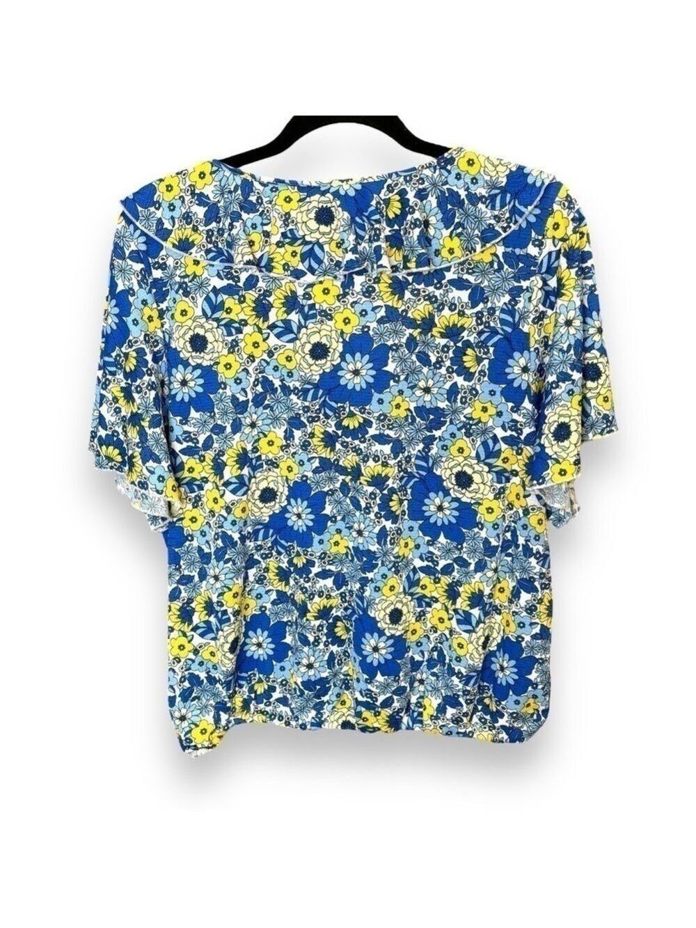 NWT Melloday Blue Yellow Floral Ruffle Top - Size Large - Picture 2 of 7